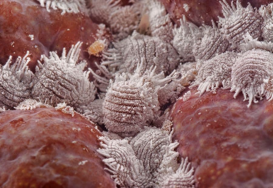 A cluster of mealybugs showing the white waxy coating