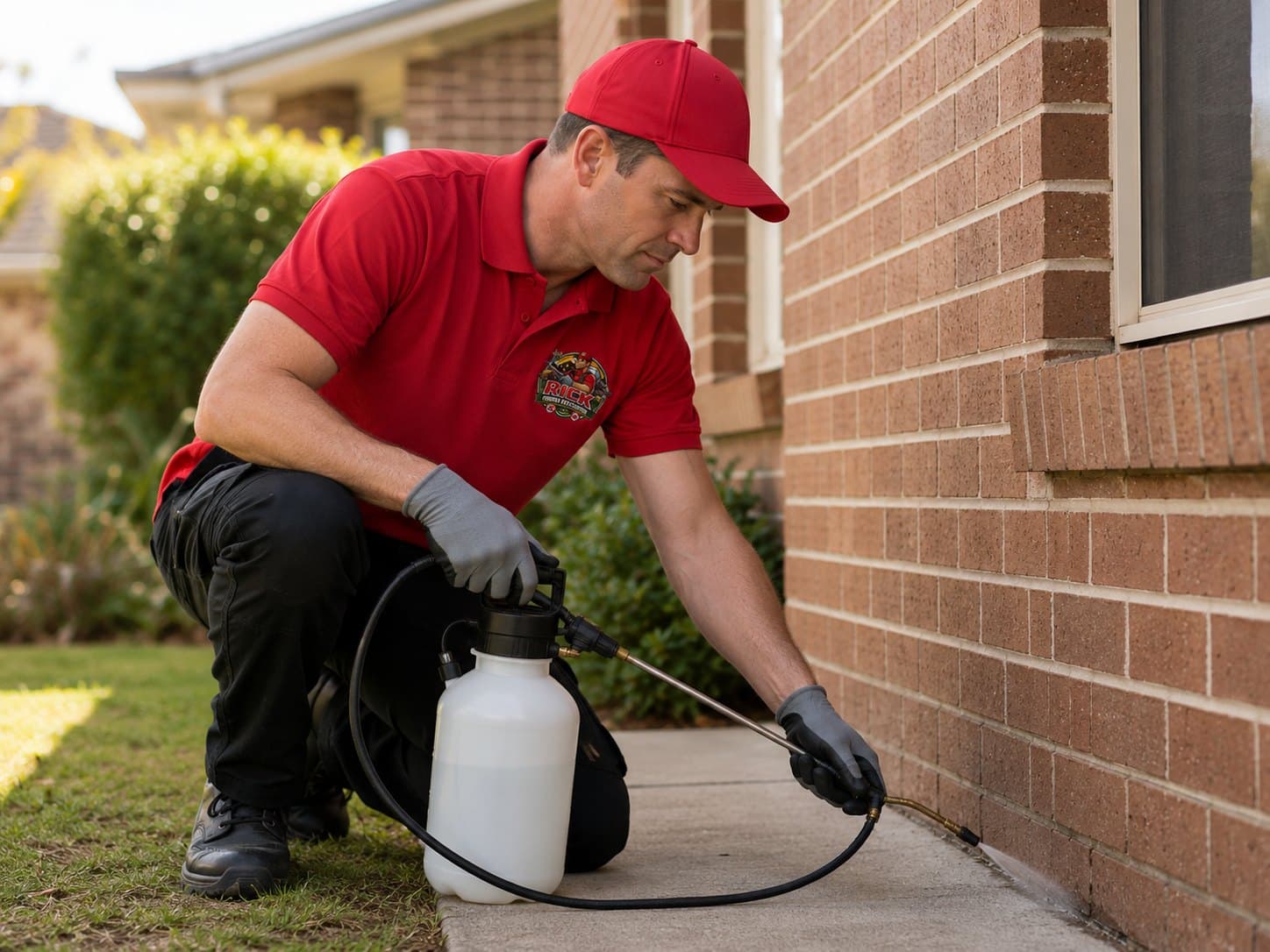 Pest control technician applying an external perimeter treatment along the base of a brick wall