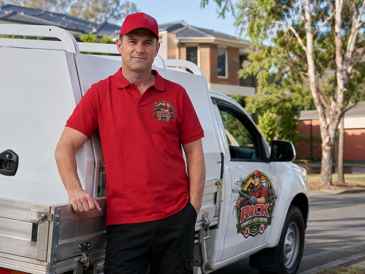 Pest control technician in red uniform standing beside a marked work ute outside a suburban home